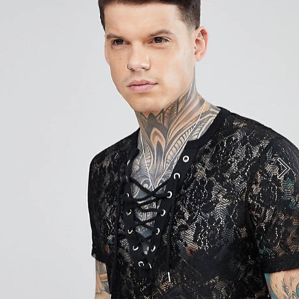 ASOS Longline T-Shirt With Curved Hem And Deep V Neck In Lace
